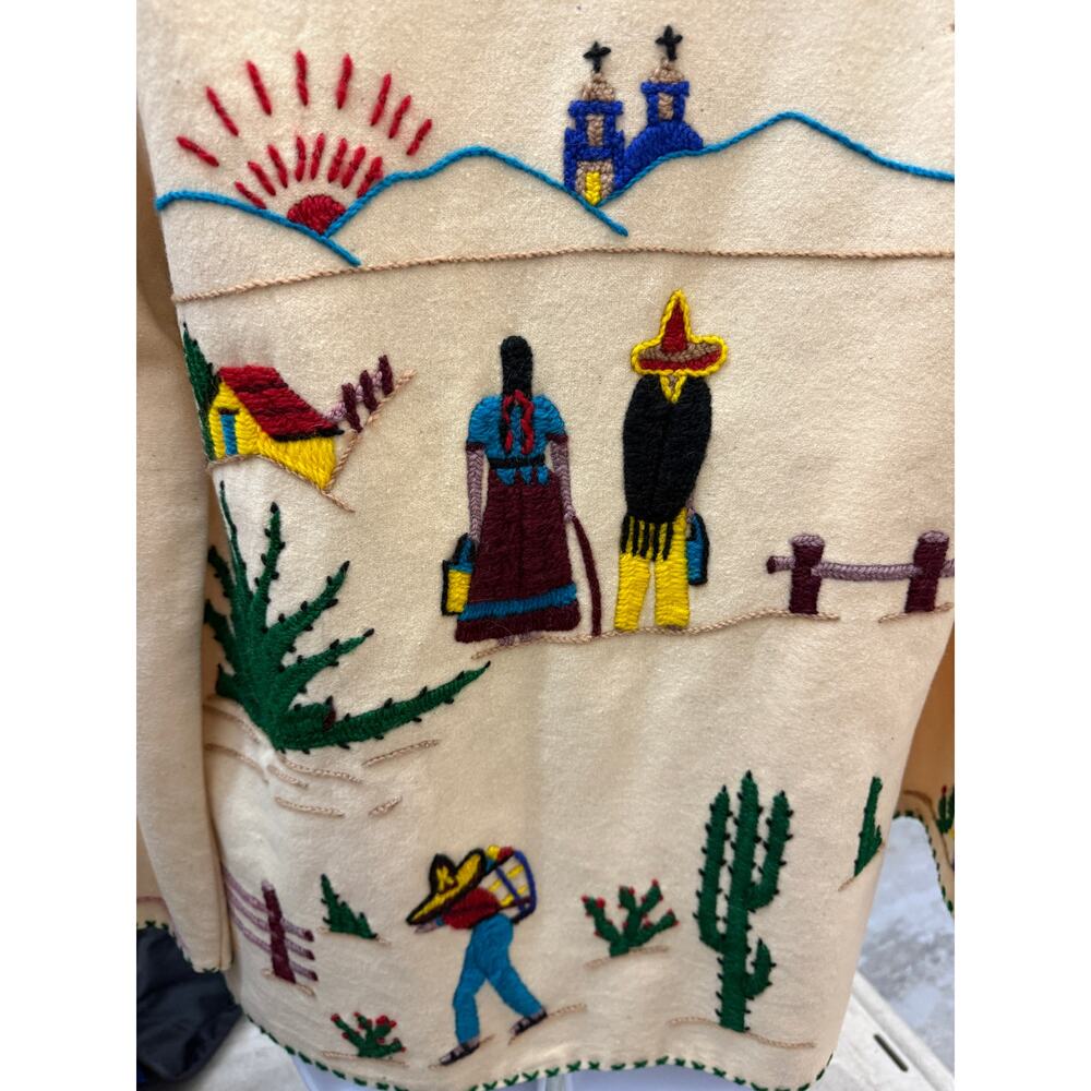🧥 Vintage Lopez M Wool Jacket Cream Southwestern Embroidered Western Boho Coat - Picture 5 of 8